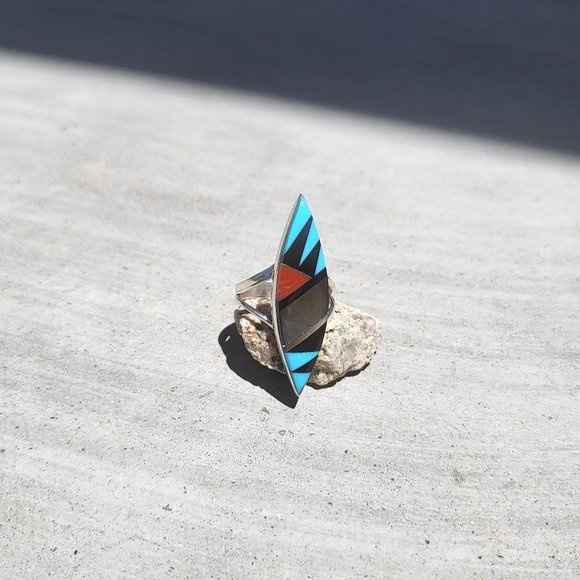 Zuni Multi Stones Diamond Shape Sterling Silver Native American Jewelry Sz 6.5US - Picture 12 of 13